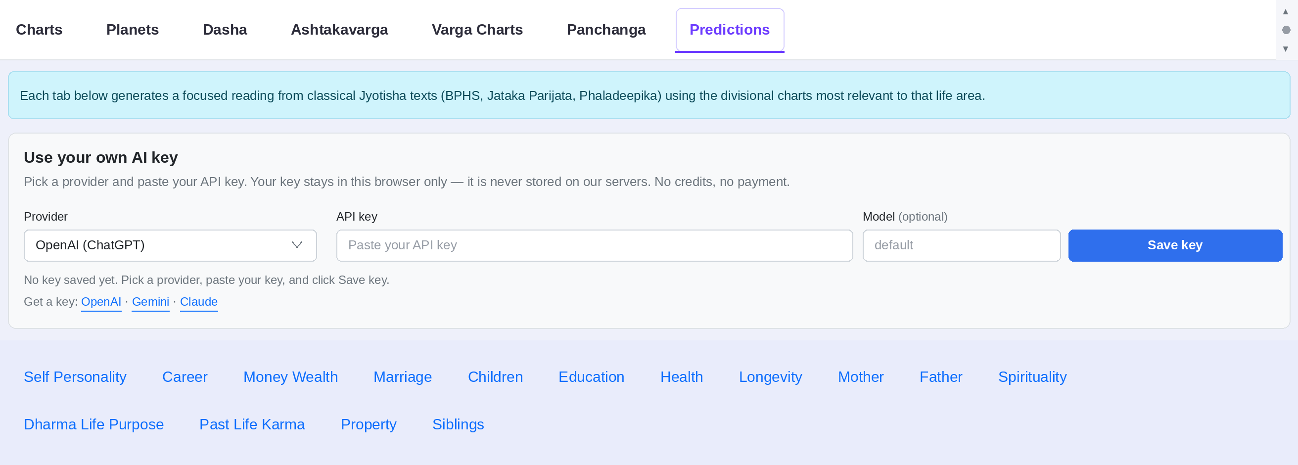 GrahaJyoti Kundli Predictions tab — choose OpenAI, Gemini or Claude, paste your own API key, and generate life-area readings